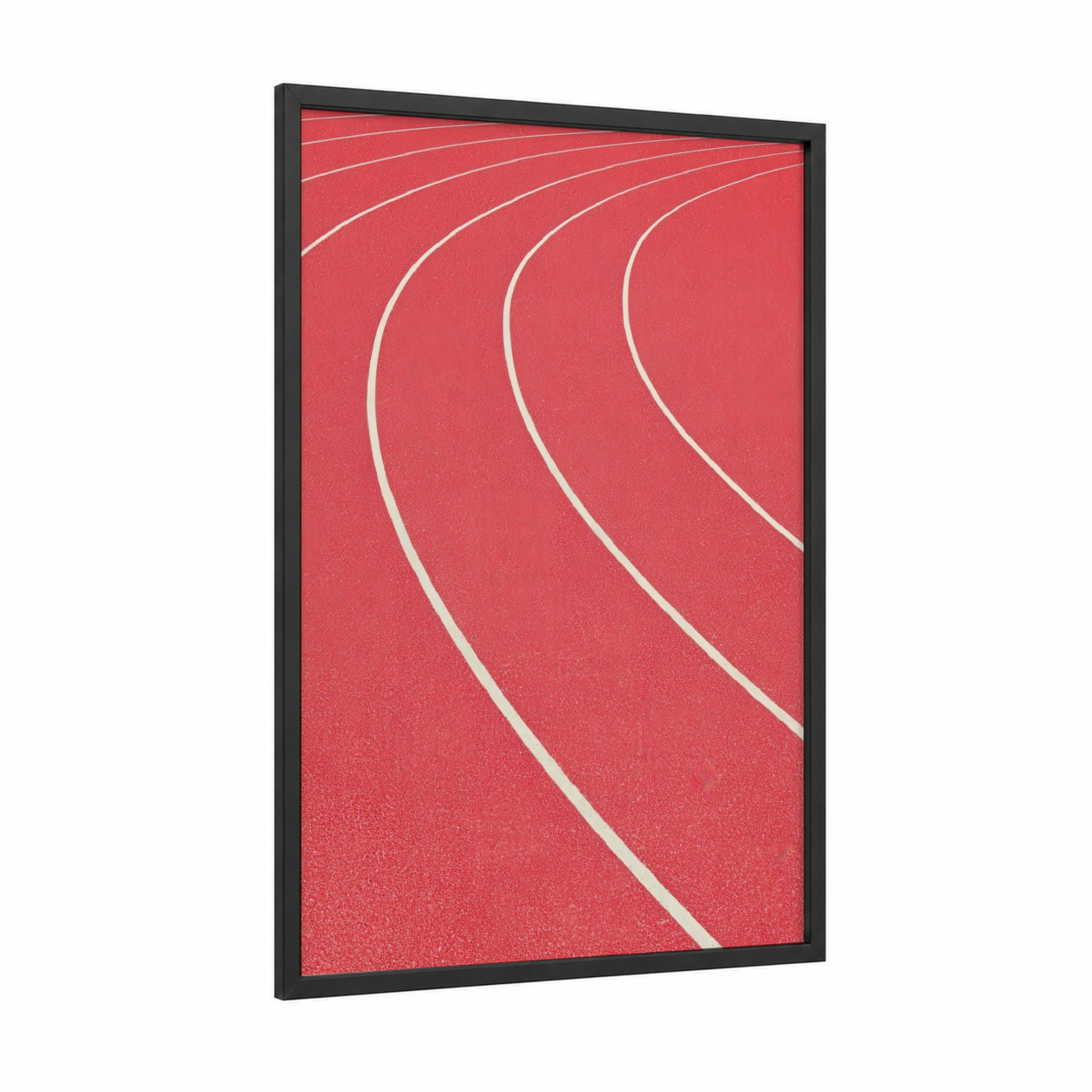 Crimson Running Track framed track and field print — black wood frame — red and white palette