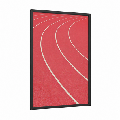 Crimson Running Track framed track and field print — black wood frame — red and white palette