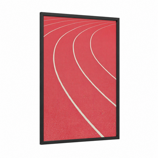 Crimson Running Track framed track and field print — black wood frame — red and white palette