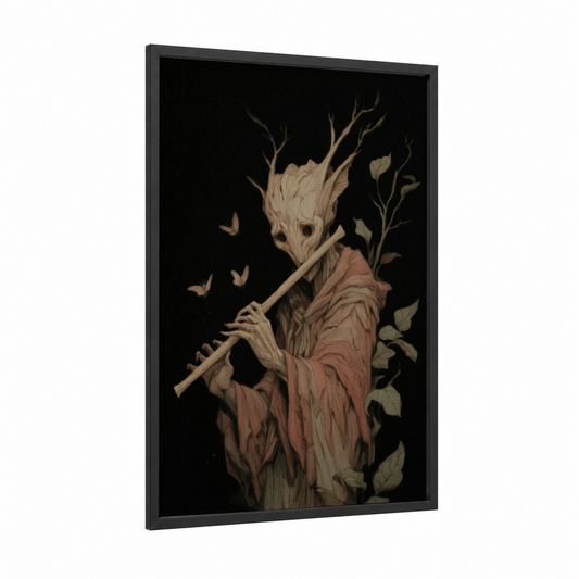 Woodland Elf Musician framed art print — black wood frame — cream and russet palette