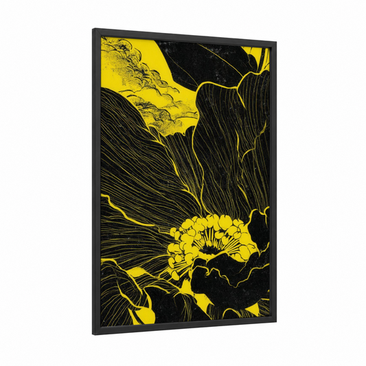 Yellow Blossom framed abstract flower print — black wood frame — yellow and black and white palette