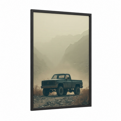 Misty Canyon Truck framed art print — black wood frame — dove gray and beige palette