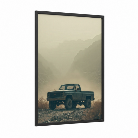 Misty Canyon Truck framed art print — black wood frame — dove gray and beige palette