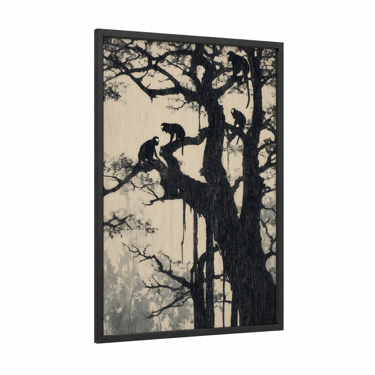 Climbing Monkeys framed tropical trees print — black wood frame — black and white and cream palette