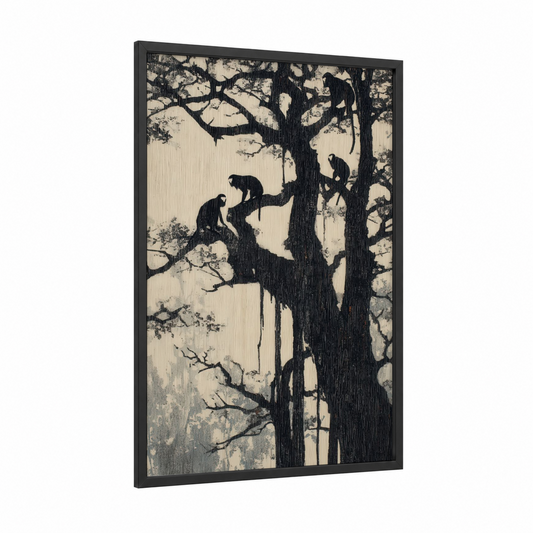 Climbing Monkeys framed tropical trees print — black wood frame — black and white and cream palette