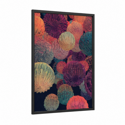 Colorful Sea Urchins framed art print — black wood frame — magenta and teal palette