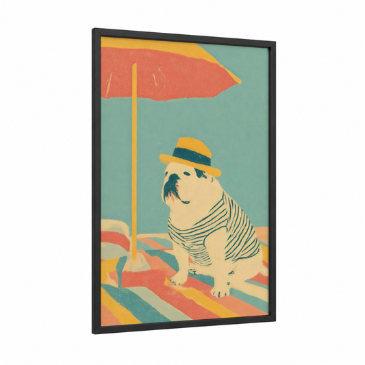 Seaside Sophisticate framed retro fashion print — black wood frame — mustard and teal palette