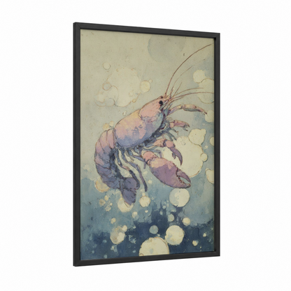 Ethereal Lobster framed art print — black wood frame — lavender and blue palette