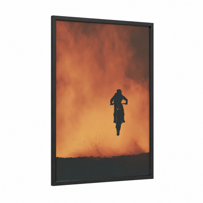 Desert Stunt Jump framed motocross print — black wood frame — orange and gold palette