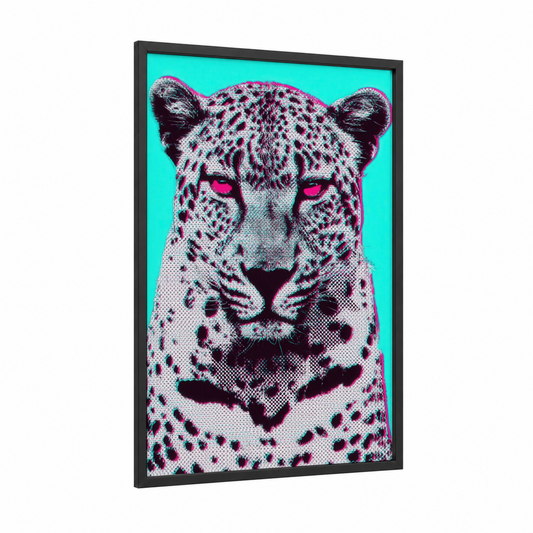 Neon Leopard framed art print — black wood frame — magenta and aquamarine palette