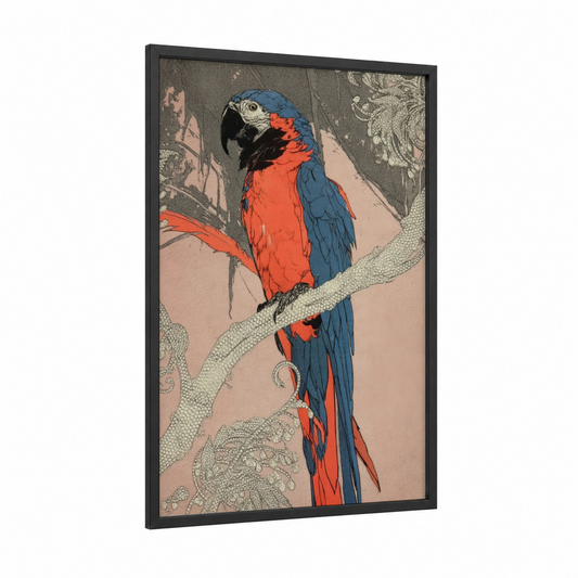 Scarlet Macaw Portrait framed art print — black wood frame — red and blue palette
