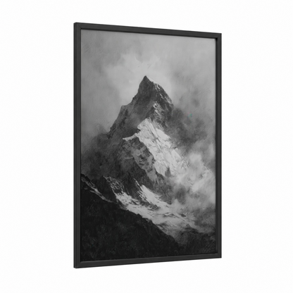 Misty Everest Peak framed mount everest print — black wood frame — black and white and gray palette