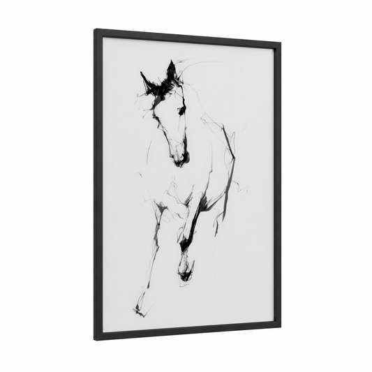 Galloping Andalusian framed andalusian horse print — black wood frame — black and white palette