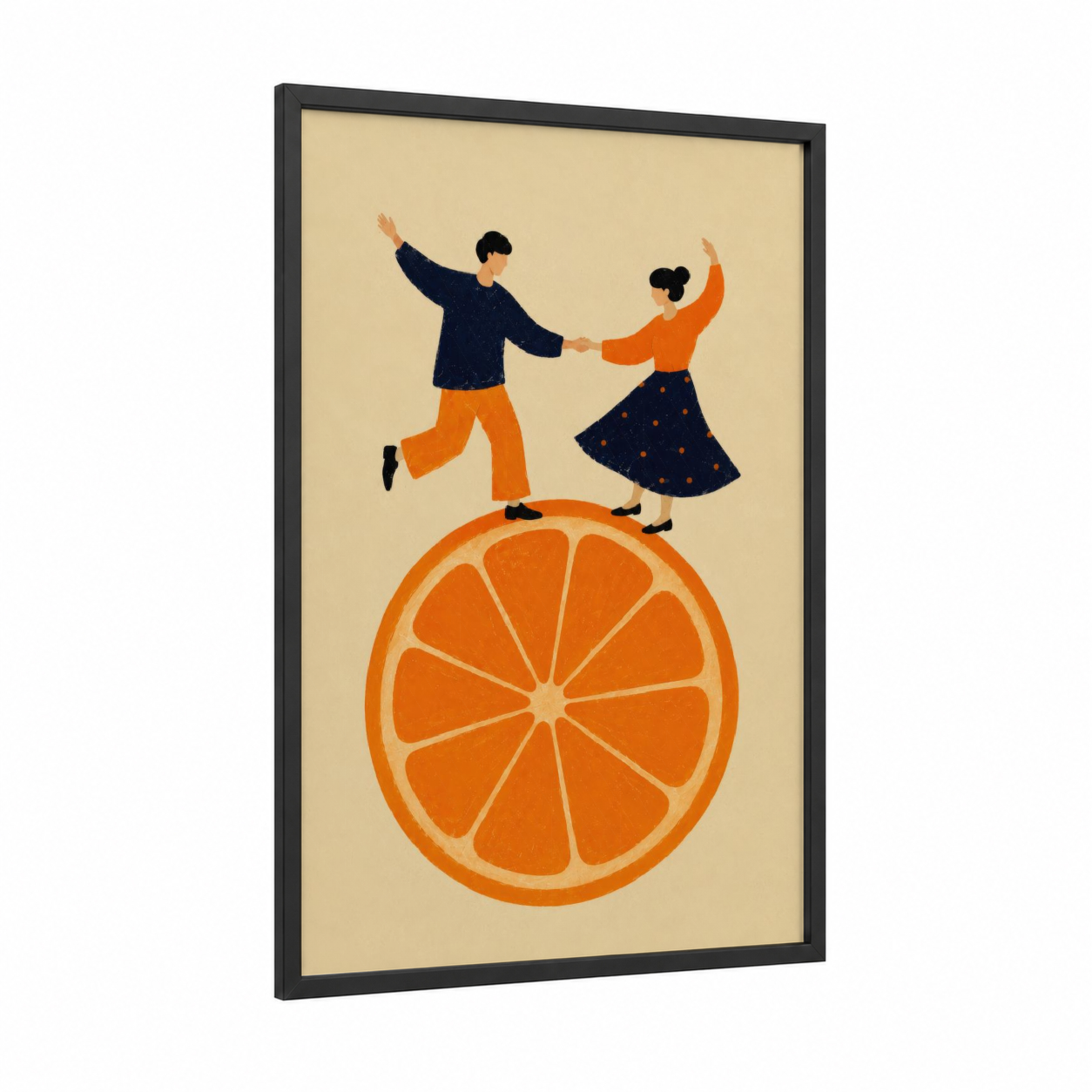 Dancing Couple Orange Slice Wall Art framed ballroom dance print — black wood frame — orange and beige palette