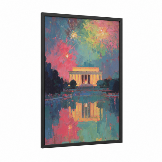 Fireworks Memorial framed lincoln memorial print — black wood frame — magenta and gold and teal palette