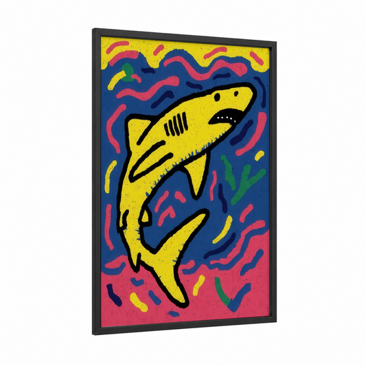 Lemon Shark Dance framed art print — black wood frame — yellow and blue palette