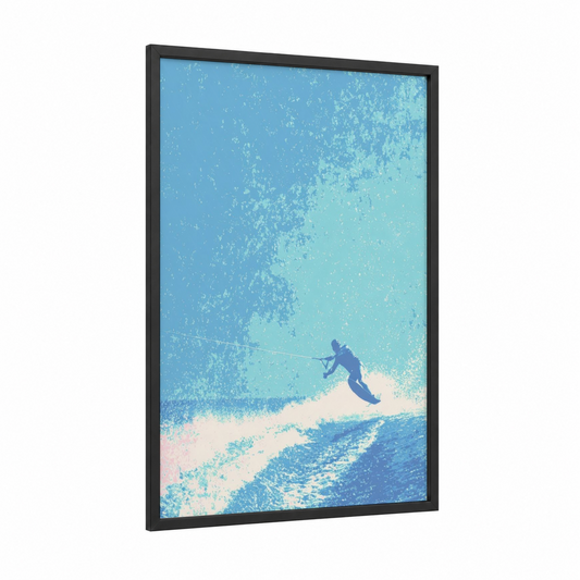 Wave Rider Action framed water skiing print — black wood frame — blue and turquoise palette