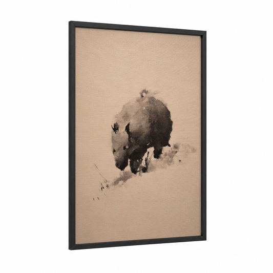 Snowy Wombat framed art print — black wood frame — gray and cream palette