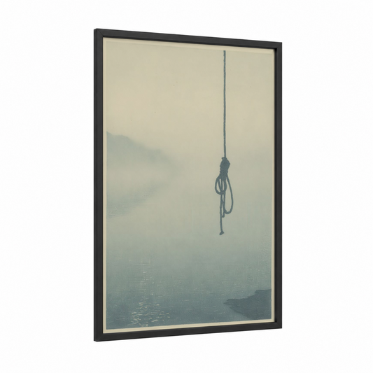 Misty Rope Knots framed art print — black wood frame — blue and gray and cream palette