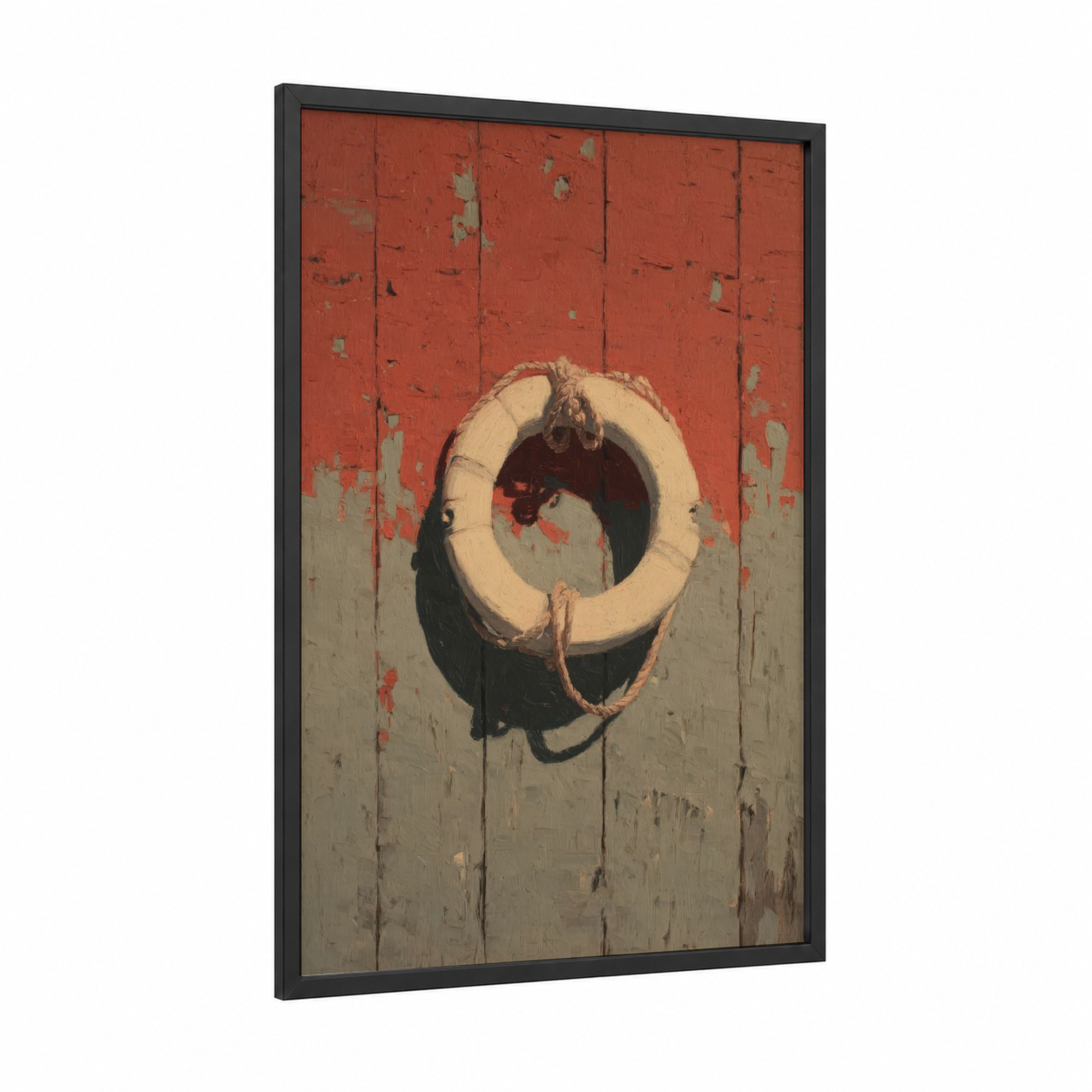 Weathered Life Ring framed art print — black wood frame — russet and sage green palette