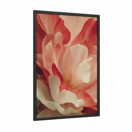 Coral Magnolia Bloom framed art print — black wood frame — salmon pink and cream palette