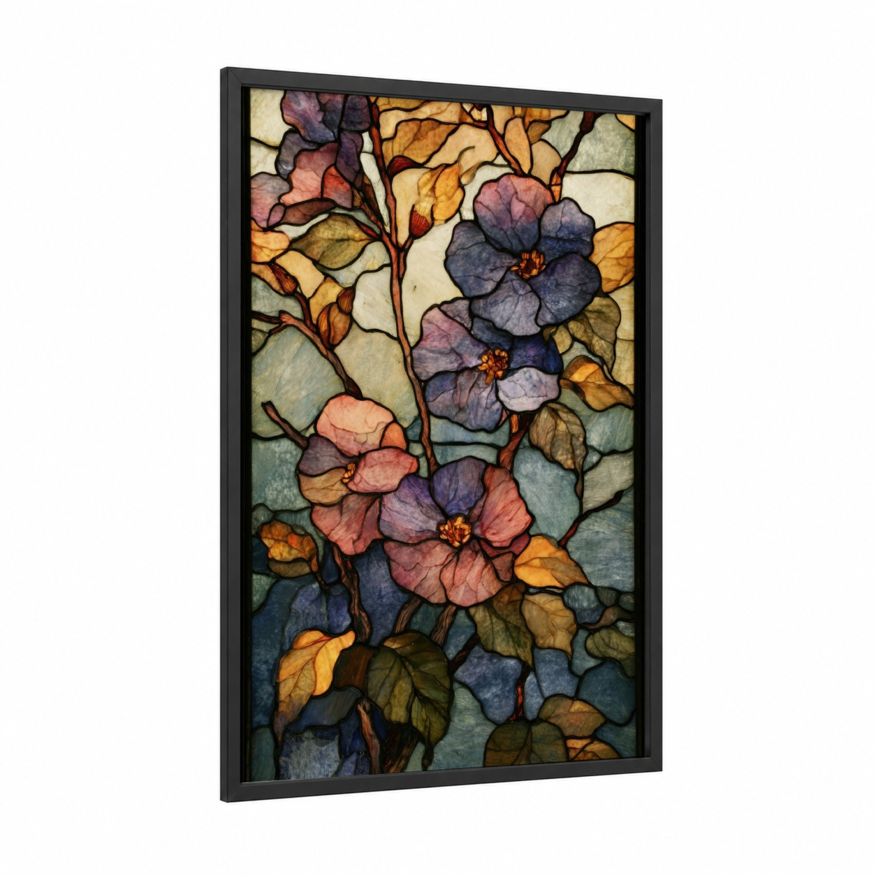 Stained Glass Violets framed art print — black wood frame — gold and blue palette
