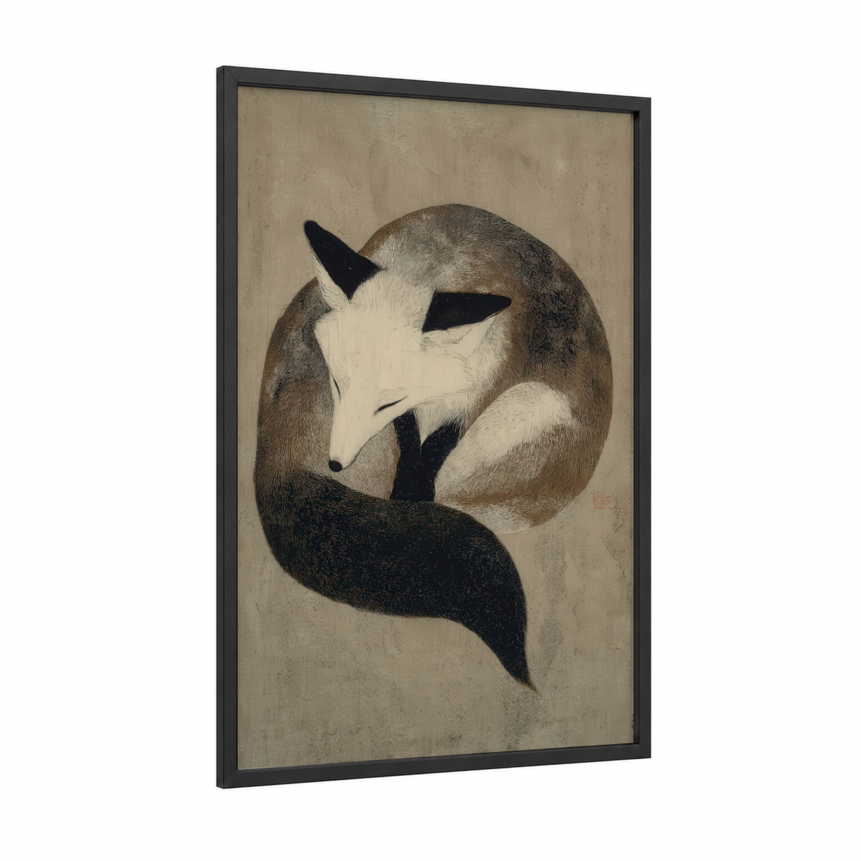 Sleeping Fox framed art print — black wood frame — beige and black and white palette