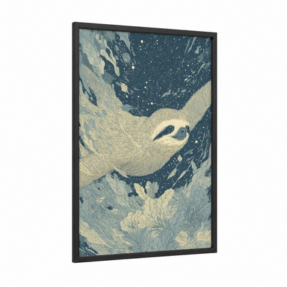 Starlit Sloth framed art print — black wood frame — dark blue and cream palette
