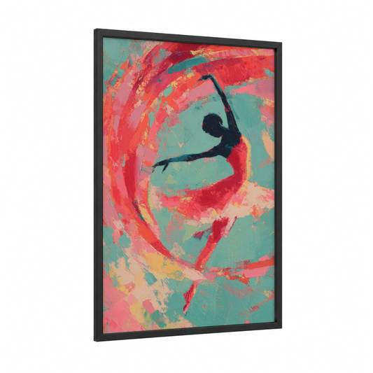Dynamic Gymnast framed gymnastics print — black wood frame — red and teal palette