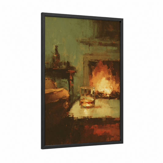 Fireside Whiskey framed art print — black wood frame — gold palette
