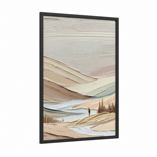 Layered Minimalist Landscape framed abstract minimalist print — black wood frame — beige and blue and white palette