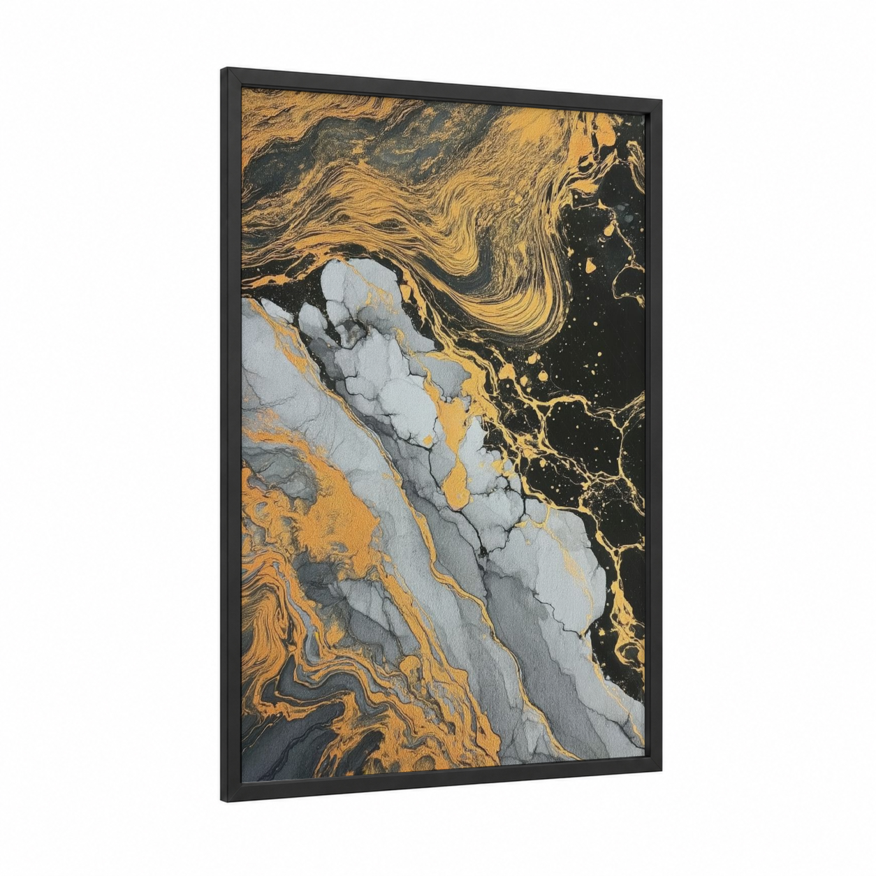 Golden Marble Flow framed abstract classic print — black wood frame — gold and black and white palette