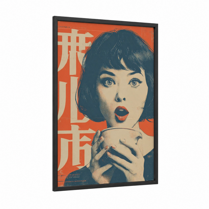 Vintage Japanese Beauty framed vintage japanese ads print — black wood frame — orange and teal palette