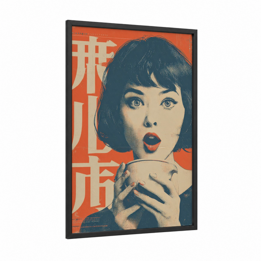 Vintage Japanese Beauty framed vintage japanese ads print — black wood frame — orange and teal palette