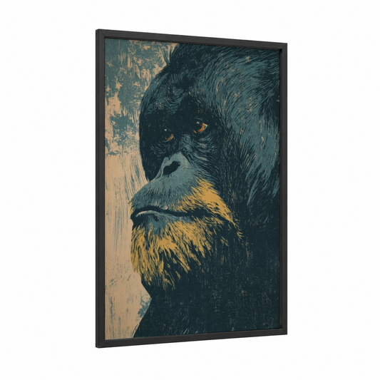 Golden Orangutan framed art print — black wood frame — dark blue and yellow gold palette