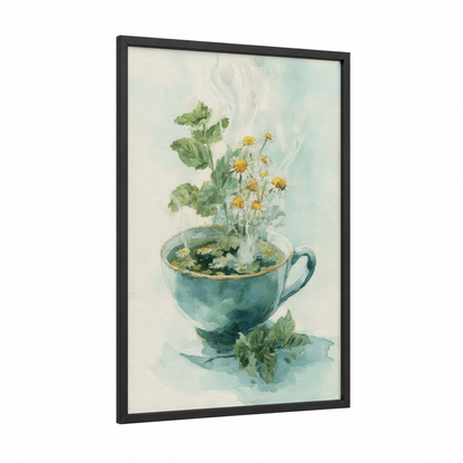 Teacup Chamomile framed herbs print — black wood frame — light green and blue palette