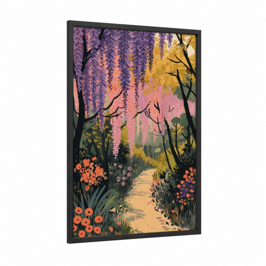 Wisteria Wonderland framed art print — black wood frame — purple and orange palette