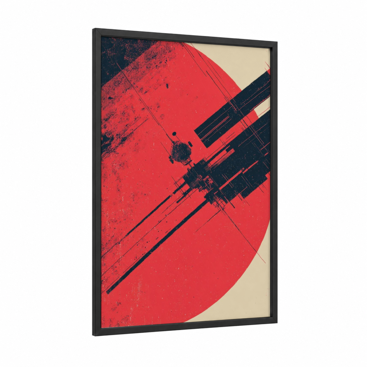 Orbital Red Satellite framed art print — black wood frame — red and black and red palette