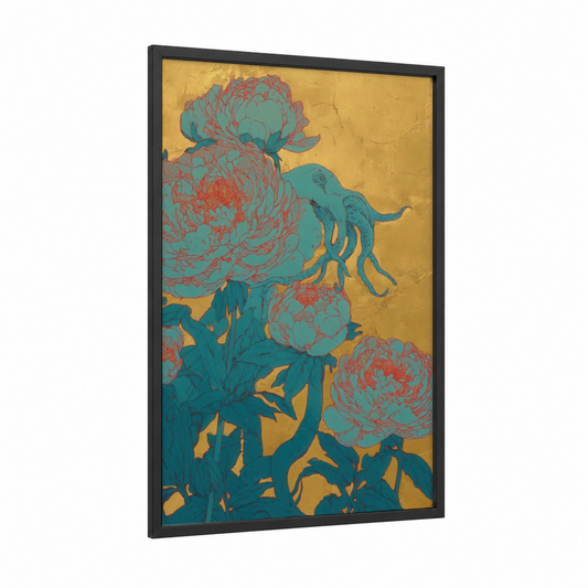Teal Squid Blooms framed art print — black wood frame — gold and teal palette