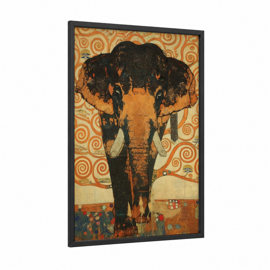 Ornate Asian Elephant framed art print — black wood frame — gold and black palette