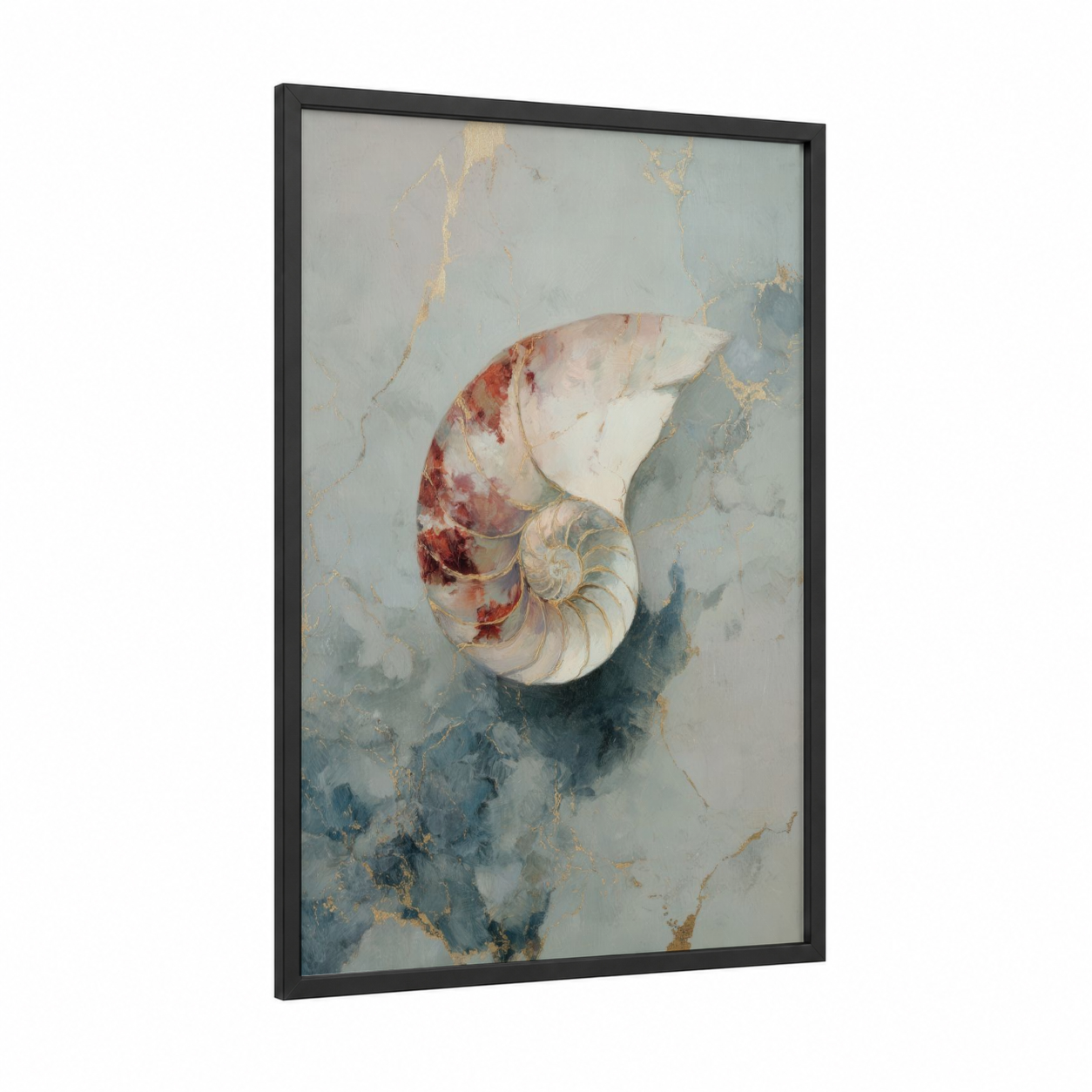Crimson Nautilus framed art print — black wood frame — salmon pink and gray palette