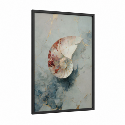 Crimson Nautilus framed art print — black wood frame — salmon pink and gray palette