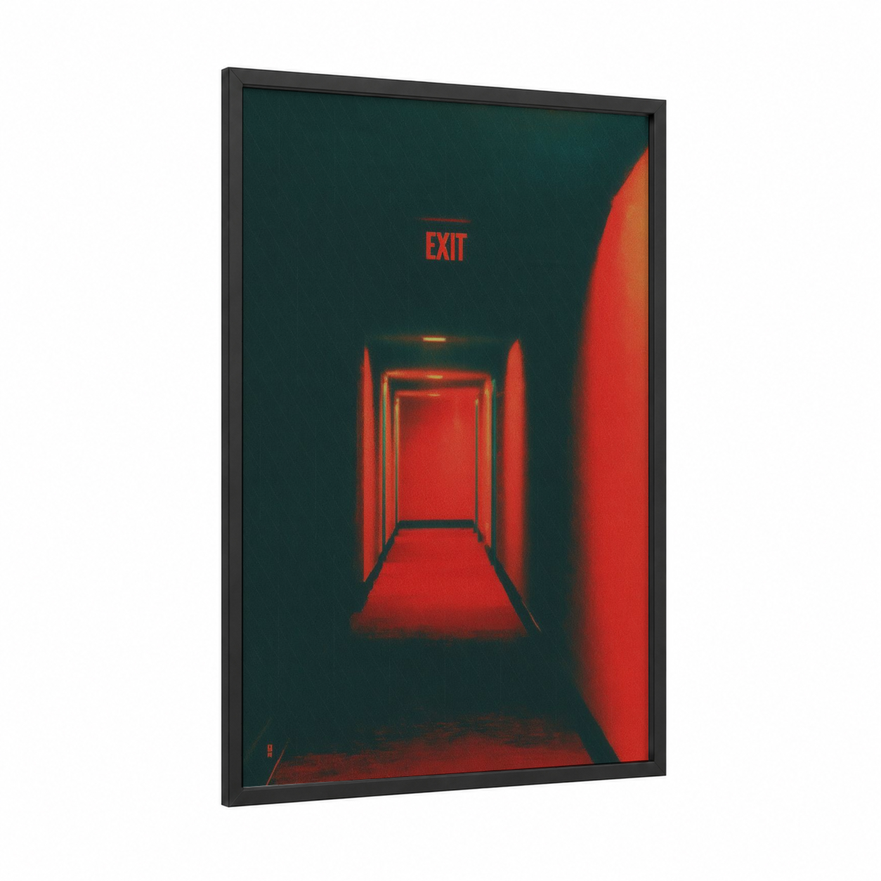 Neon Exit Hallway framed hotel print — black wood frame — dark blue and red palette