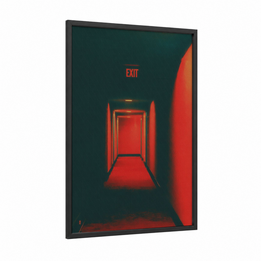 Neon Exit Hallway framed hotel print — black wood frame — dark blue and red palette