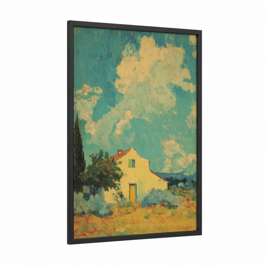 Yellow Cottage Door framed art print — black wood frame — yellow gold and teal palette