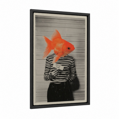 Surreal Goldfish framed art print — black wood frame — red and black and white palette