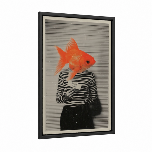 Surreal Goldfish framed art print — black wood frame — red and black and white palette