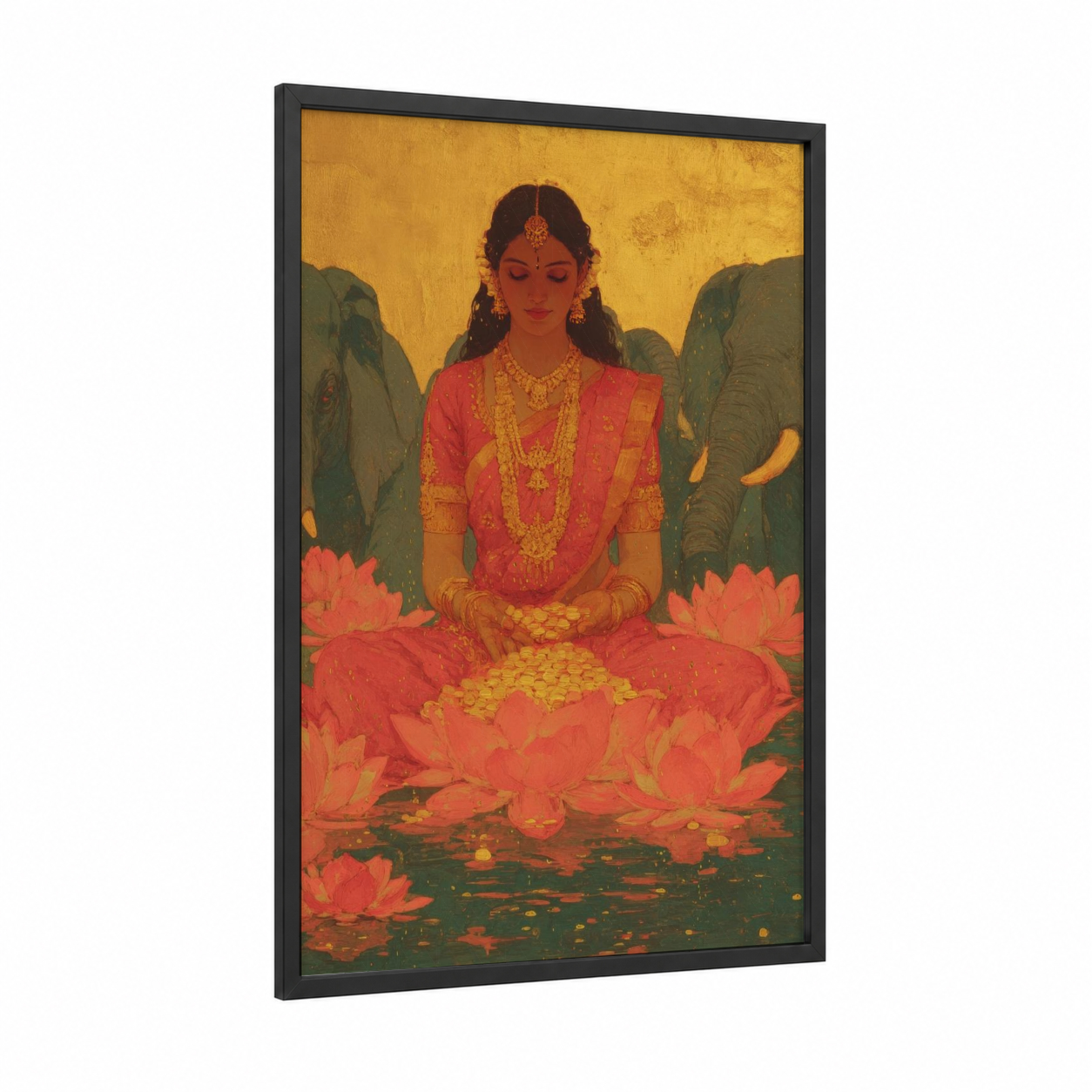 Lotus Goddess framed hinduism print — black wood frame — gold and red palette