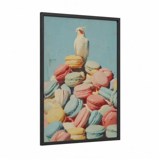 Macaron Cockatiel framed art print — black wood frame — blue and cream palette
