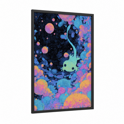 Bioluminescent Alien framed extraterrestrial print — black wood frame — blue and magenta palette